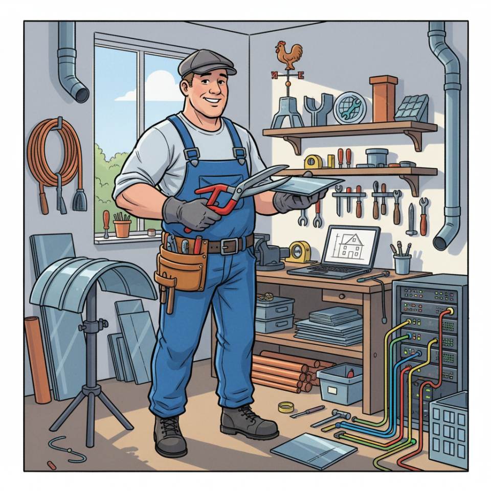Ilustración cómic de un chapista de construcción con casco y rollo de chapa en un tejado