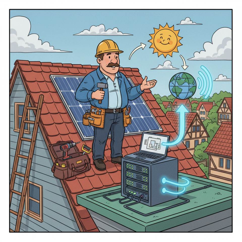 Ilustración tipo cómic de un techador con casco y tejas en una cubierta inclinada