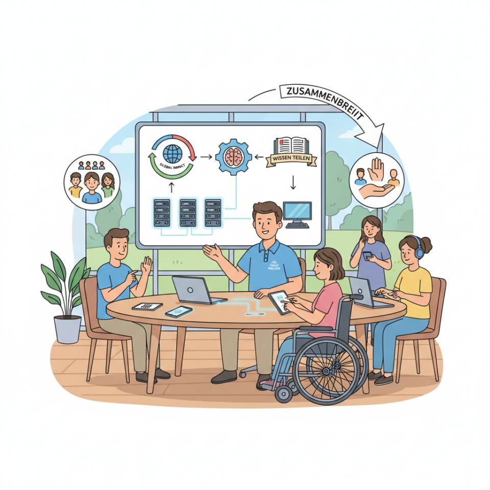 Ilustración tipo cómic de un acompañante de inclusión que apoya a una persona con necesidades de apoyo en la vida cotidiana y en una actividad grupal