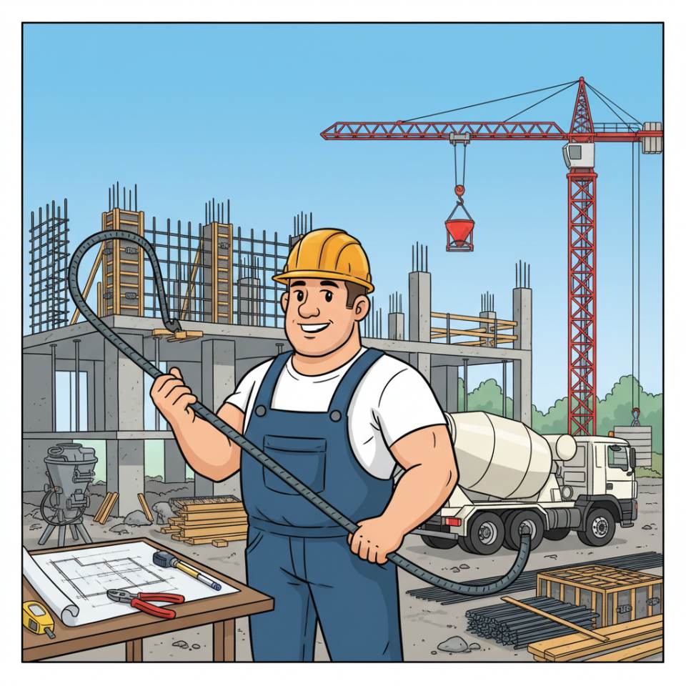 Ilustración tipo cómic de un constructor de hormigón armado con armadura y encofrado hormigonando en una obra
